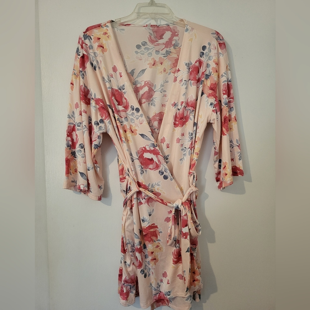 Flora Nikrooz Alisha Short Garden Roses 3/4 Sleeve Tie Wrap Robe‎ Small Pink